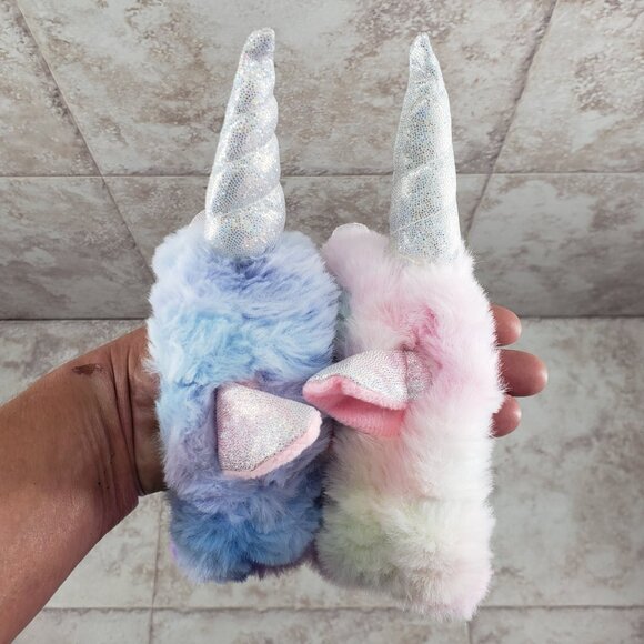 2 Childrens Elastic Faux Fur Fuzzy Hairband Headwrap Metallic Ears Unicorn Horn - Picture 3 of 7